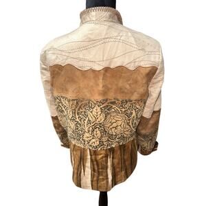 Coldwater Creek faux suede jacket blazer 14 Petite southwestern floral ivory tan